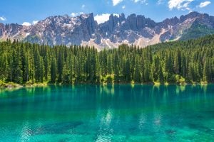 A still turquoise alpine lake below forested mountains