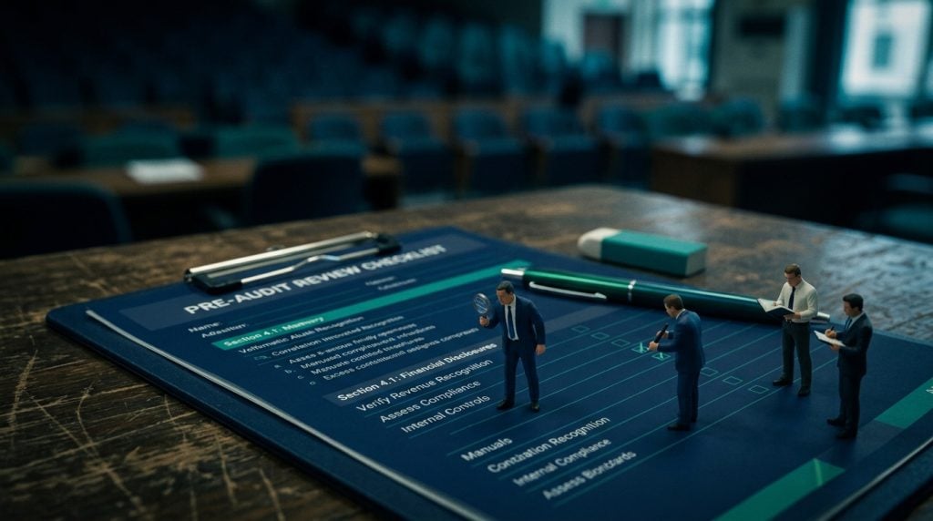 Tilt-shift miniature of auditors inspecting findings: ISO 9001 nonconformance and corrective action