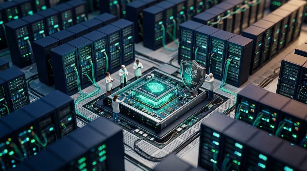 Tilt-shift miniature of a data centre and microchip, backing up cloud SaaS data like Xero and Microsoft 365