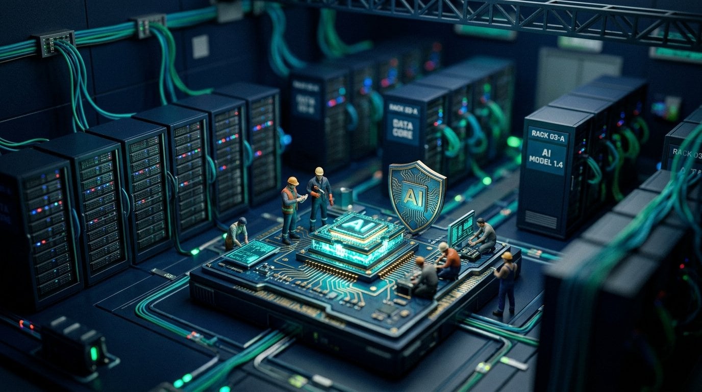 Securing Personal Information Under APP 11.3: Where ISO 27001 and ISO 42001 Fit Tilt-shift miniature of an AI data centre and microchip: securing personal information under APP 11.3