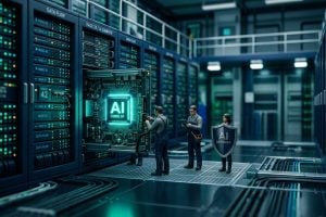 Tilt-shift miniature of an AI data centre and microchip: AI tools and ISO 42001
