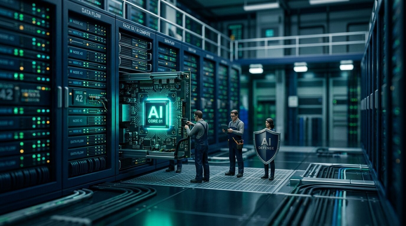 Tilt-shift miniature of an AI data centre and microchip: AI tools and ISO 42001