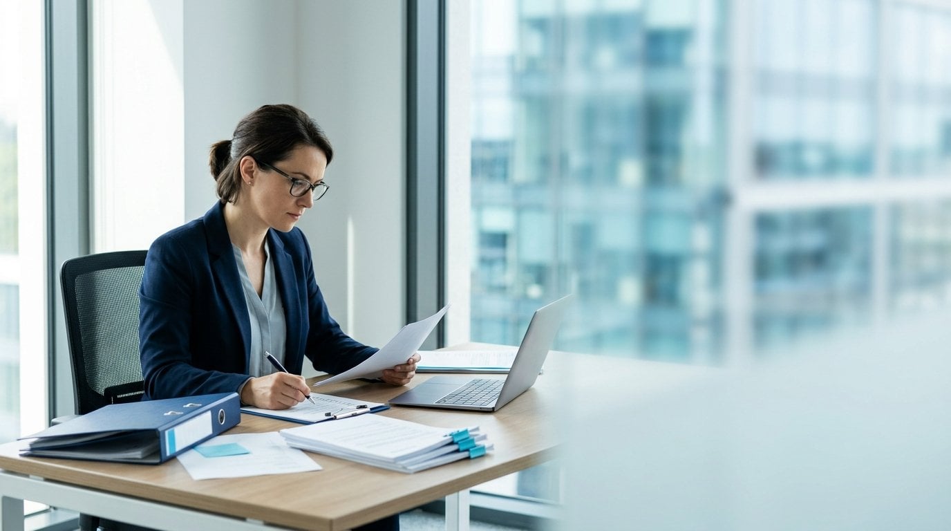 ISO 9001 internal auditor reviewing audit records and process documents at a desk in a modern office