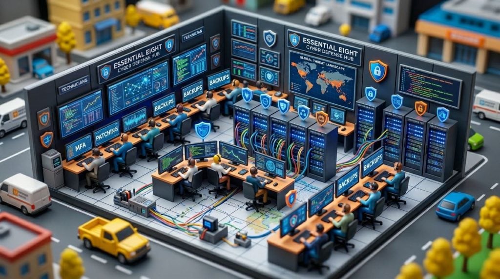 Tilt-shift miniature of a cybersecurity command centre: ISO 27001 information security management