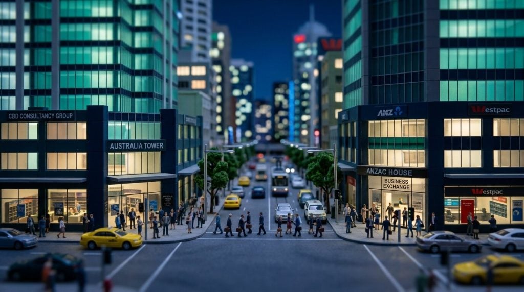 Tilt-shift miniature of an Australian city business district: ISO consultants Australia
