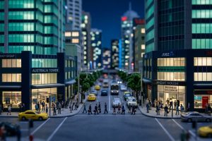 Tilt-shift miniature of an Australian city business district: ISO consultants Australia