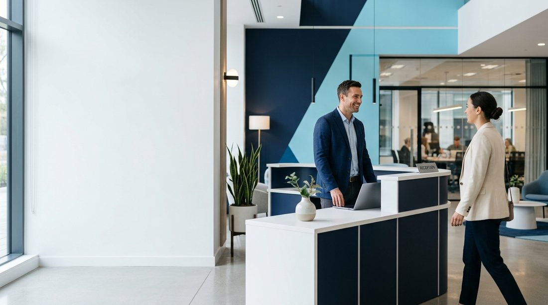Consultant welcoming a visitor at reception