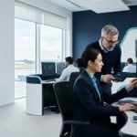 Engineers reviewing aircraft data