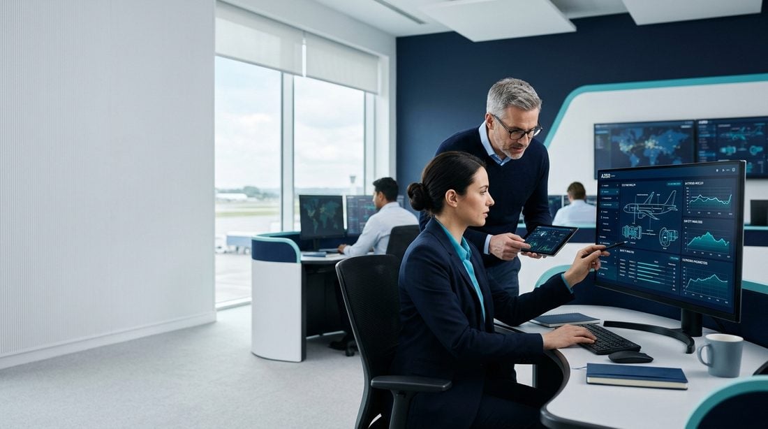 Engineers reviewing aircraft data