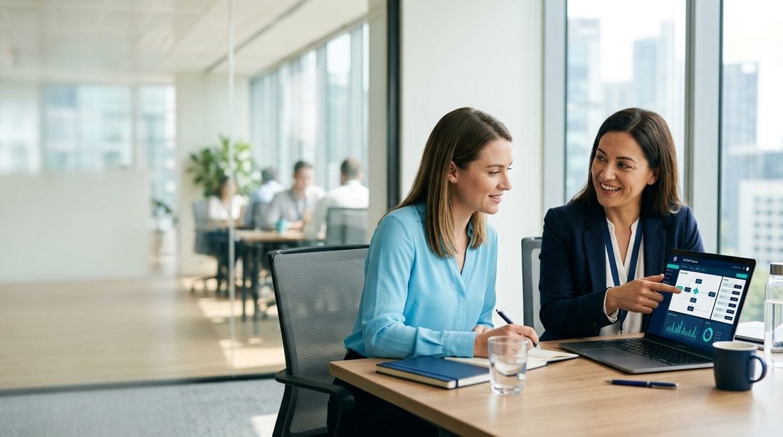 Privacy Policy Consultant guiding a client on a laptop