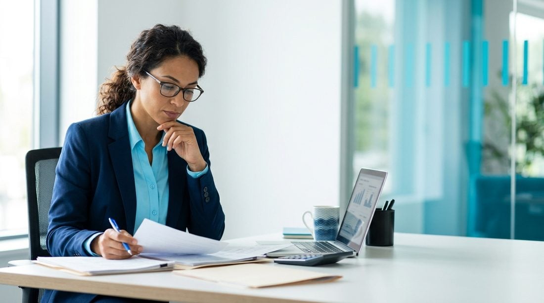 Auditor reviewing documents at a desk