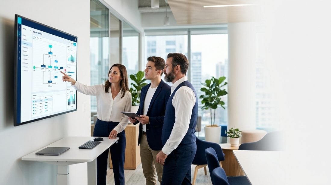 Team reviewing a workflow on screen