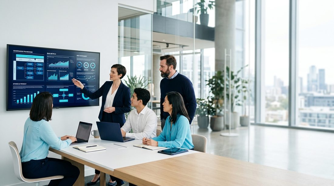 What Is ISO 42001? Australian Certification Guide AI startup team reviewing AI tools