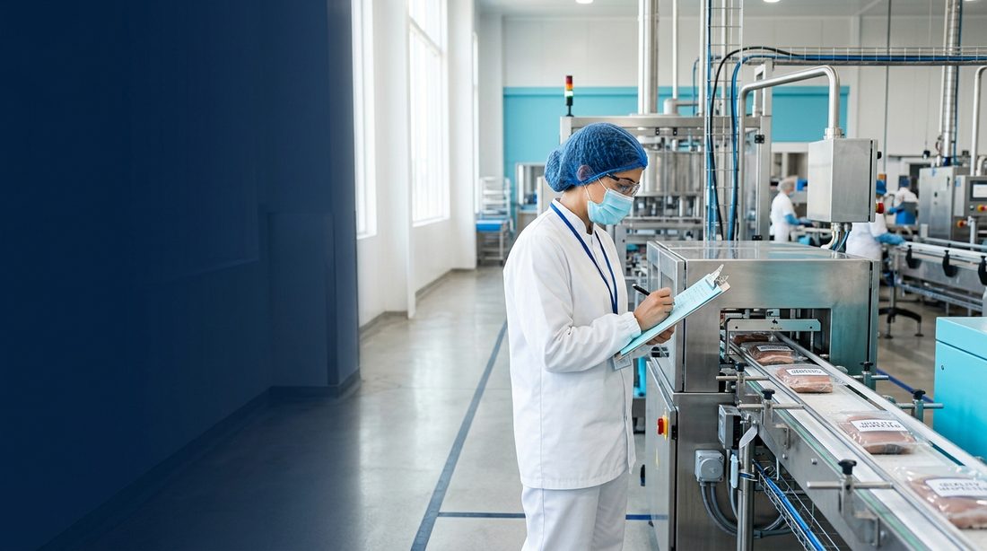 Food safety auditor inspecting a production line