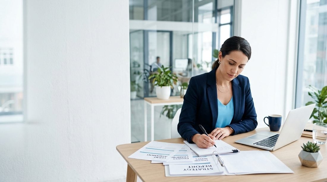 Consultant adding notes to a management system document