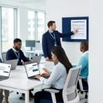 Employees using AI applications in a modern office