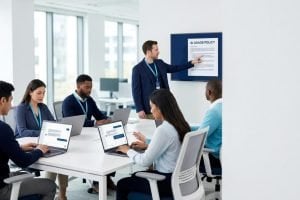 Employees using AI applications in a modern office