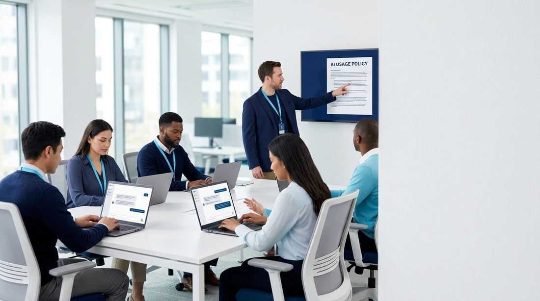 Employees using AI applications in a modern office