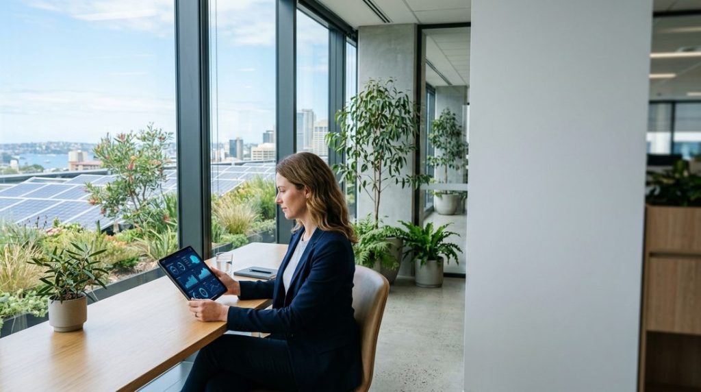 Professional reviewing environmental data on a tablet by large windows with native greenery and rooftop solar panels