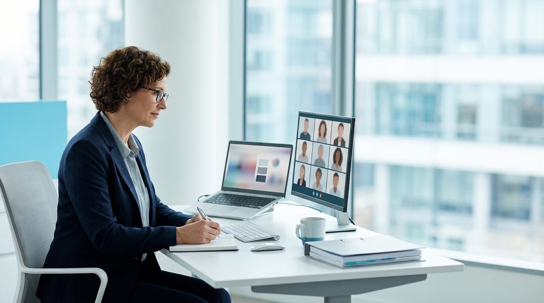 Auditor conducting a hybrid management system audit, reviewing digital evidence on a laptop