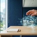 A human hand over a softly glowing network of nodes, representing responsible AI governance