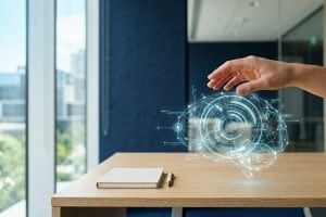 A human hand over a softly glowing network of nodes, representing responsible AI governance
