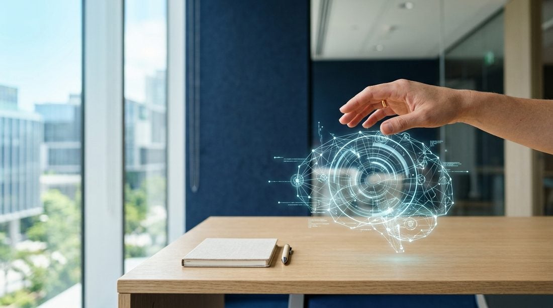 A human hand over a softly glowing network of nodes, representing responsible AI governance