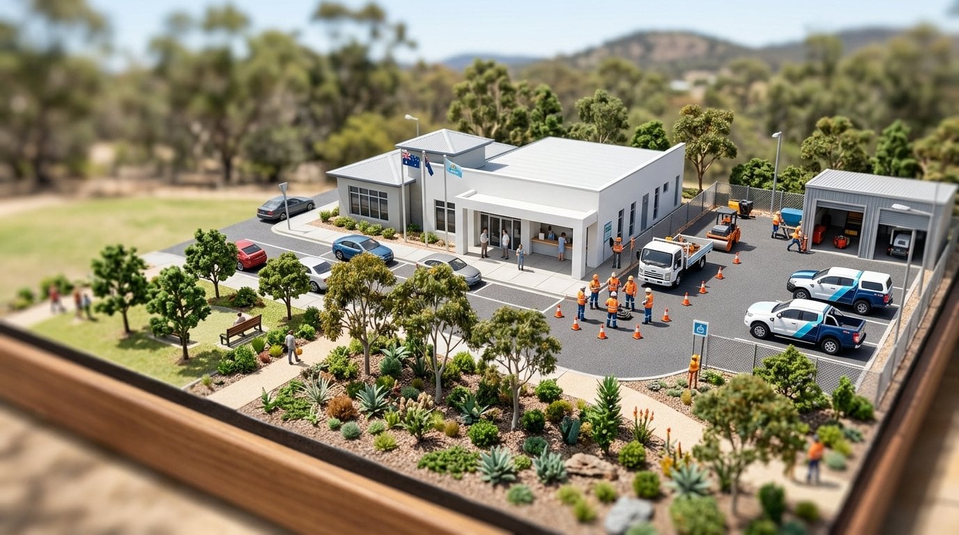 Tilt-shift miniature diorama of an Australian local council civic office and adjoining works depot, with residents at a service counter and a road maintenance crew in hi-vis beside works trucks