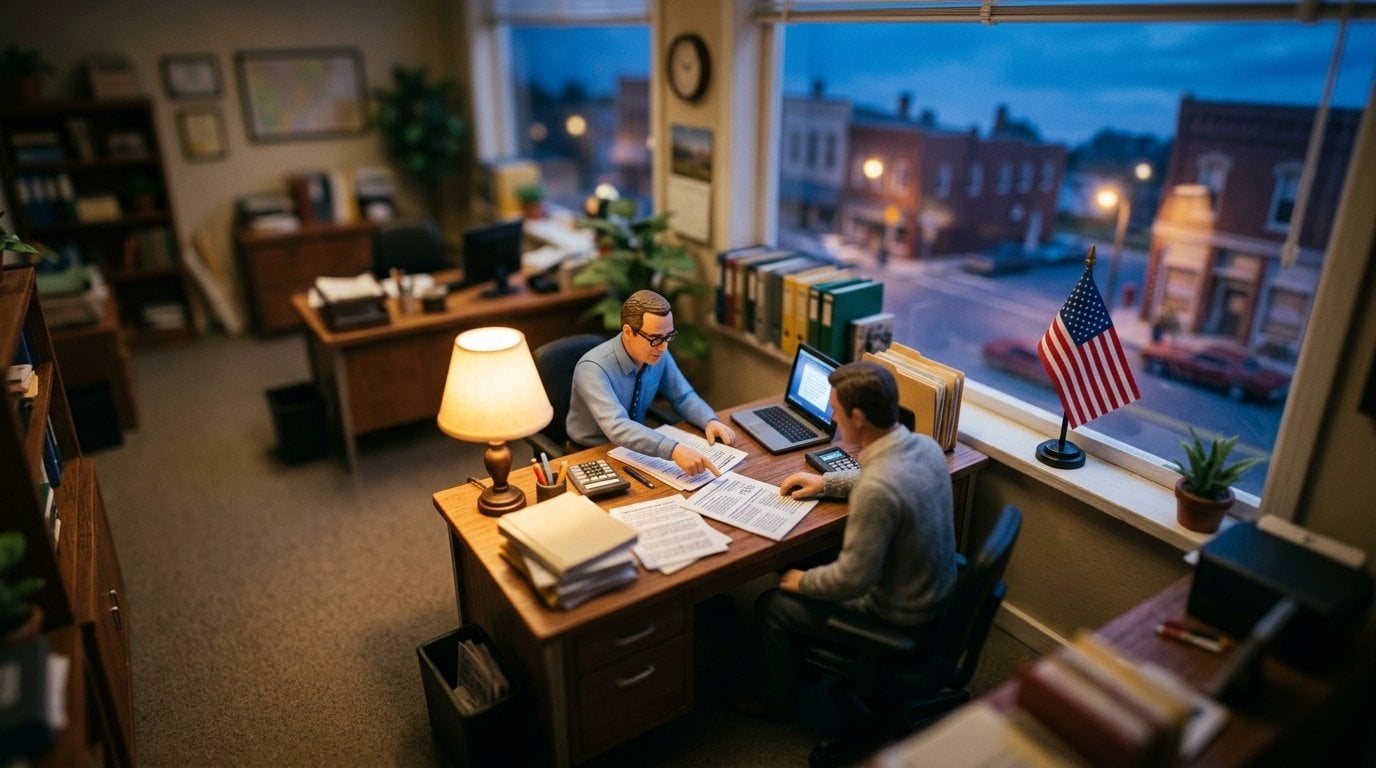 Tilt-shift miniature of a small American office at dusk, two people reviewing paperwork and figures at a desk