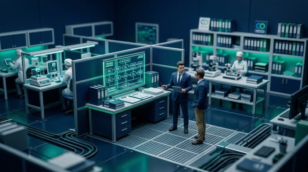 Tilt-shift miniature of a consultant and business owner reviewing documents together, representing knowledge transfer under ISO 9001 clause 7.1.6
