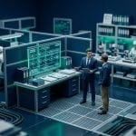 Tilt-shift miniature of a consultant and business owner reviewing documents together, representing knowledge transfer under ISO 9001 clause 7.1.6