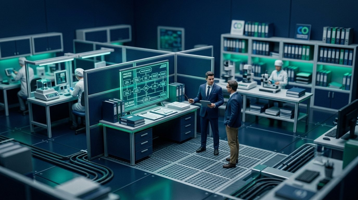 Knowledge Momentum: What ISO 9001 Clause 7.1.6 Really Asks of You Tilt-shift miniature of a consultant and business owner reviewing documents together, representing knowledge transfer under ISO 9001 clause 7.1.6