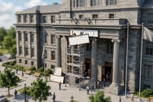 Tilt-shift miniature of an institutional building having two old signs replaced with a single new one, while people continue to come and go