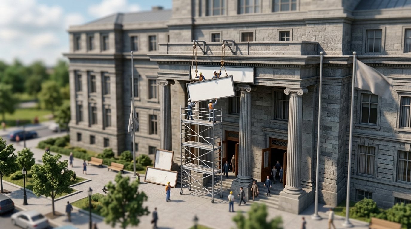 Tilt-shift miniature of an institutional building having two old signs replaced with a single new one, while people continue to come and go