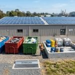 Tilt-shift miniature of an industrial waste and chemical storage compound with segregated skips and bunded drums, beside a building with a solar-panelled roof