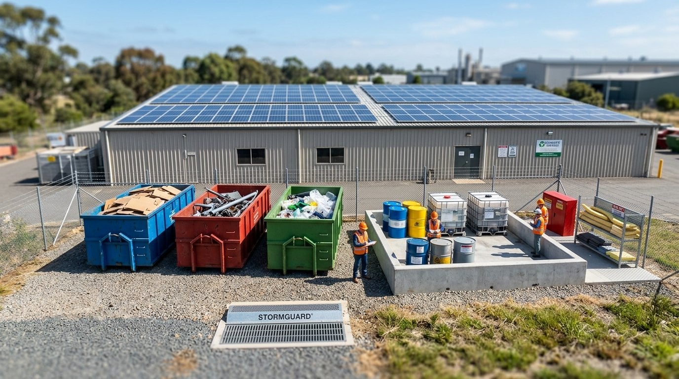 Tilt-shift miniature of an industrial waste and chemical storage compound with segregated skips and bunded drums, beside a building with a solar-panelled roof