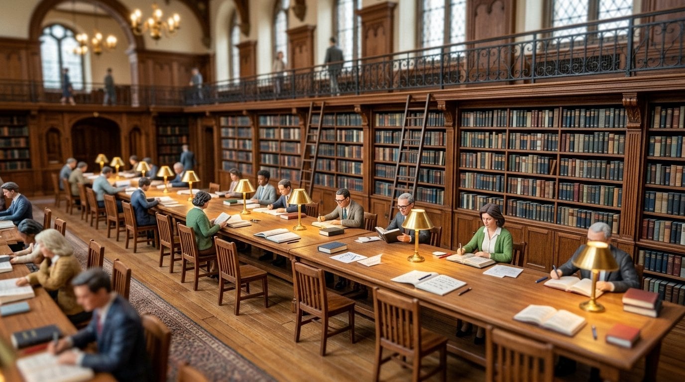 Tilt-shift miniature of a library reading room, with people working through open books and notes at a long table