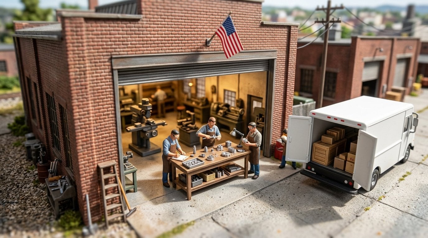 Tilt-shift miniature of a small American machine shop, with workers inspecting machined parts against a checklist