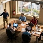 Tilt-shift miniature of a small office training room, with a colleague at a whiteboard and staff following along on laptops