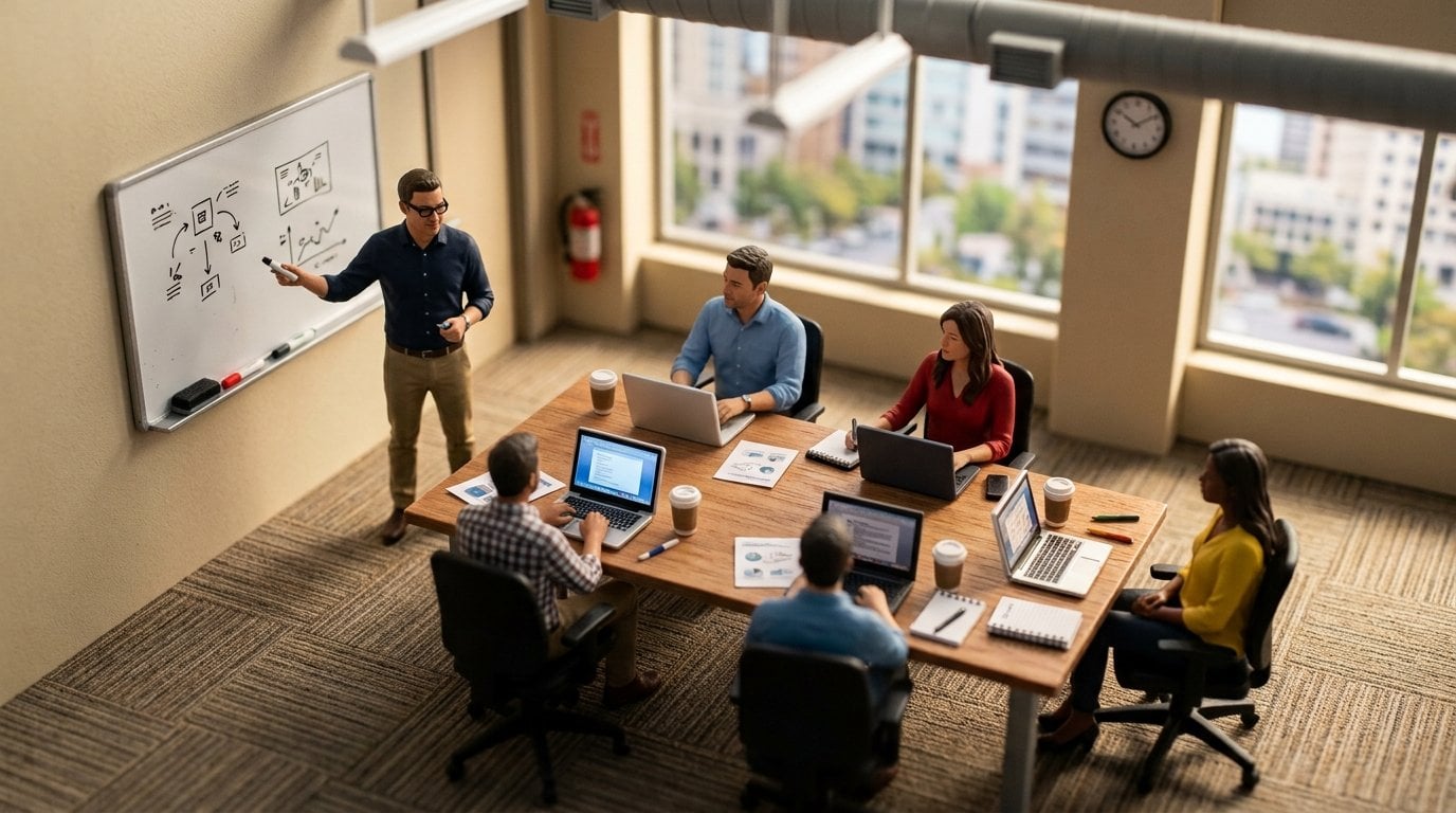 Tilt-shift miniature of a small office training room, with a colleague at a whiteboard and staff following along on laptops