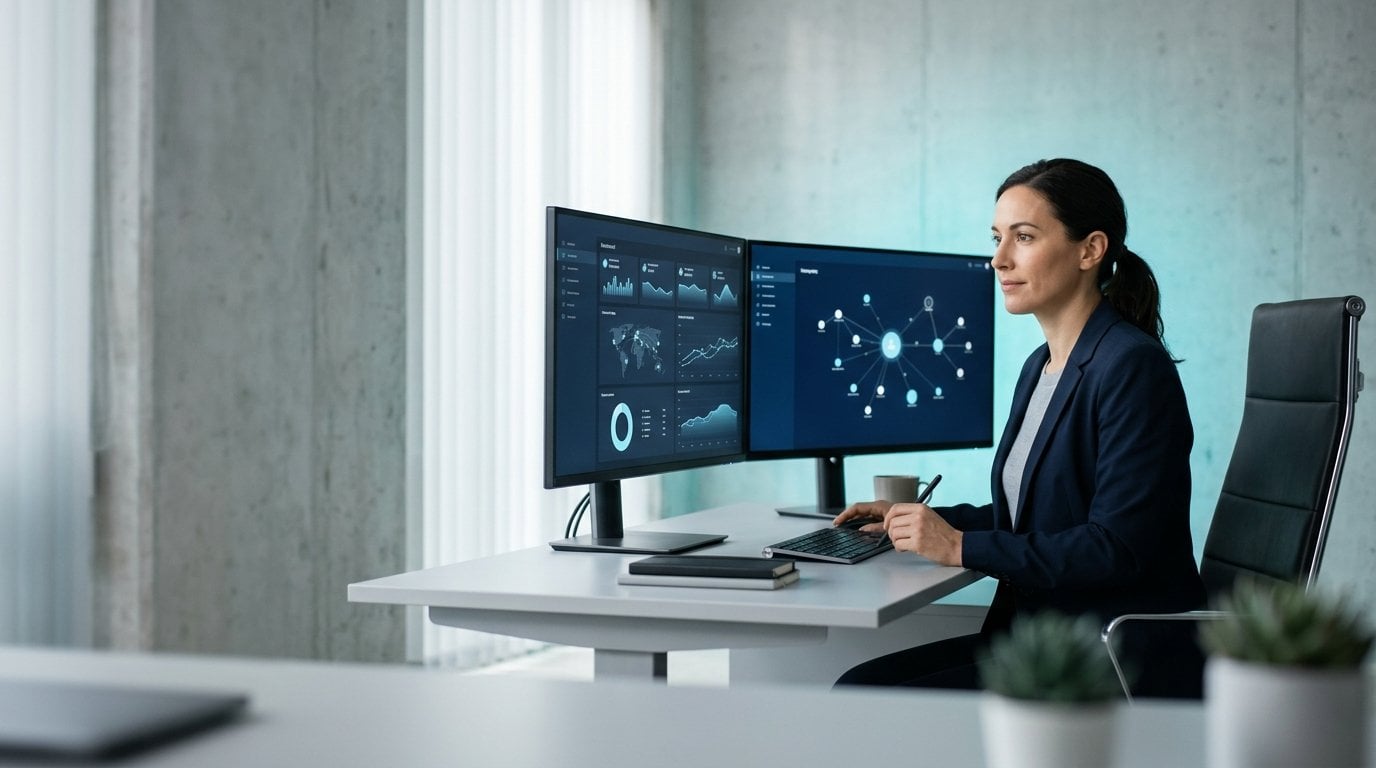 Information security professional reviewing abstract data dashboards and a network diagram on dual monitors in a calm office lit with cyan light