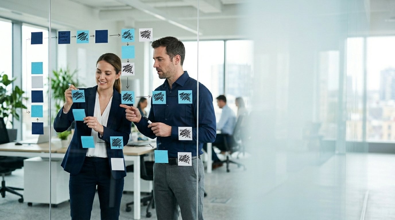 Two ISO consultants mapping a business process on a glass wall with sticky notes and flow arrows in a modern office
