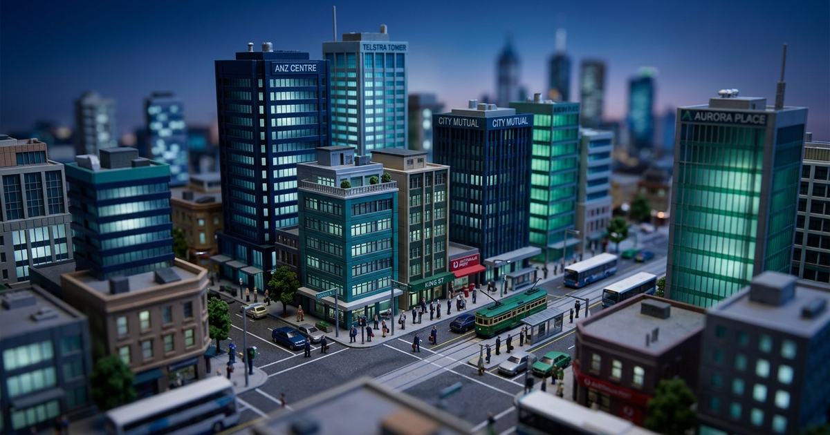 Tilt-shift miniature industrial site, illustrating Scope 3 emissions data flowing from suppliers to climate reporters under AASB S2