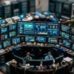 Tilt-shift miniature of an operations desk with alerts, illustrating monitoring who and what joins your meetings
