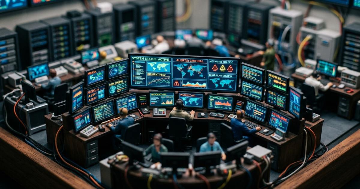 Tilt-shift miniature of an operations desk with alerts, illustrating monitoring who and what joins your meetings
