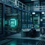 Tilt-shift miniature of a human operator working alongside an AI microchip, illustrating governing AI use rather than the tool