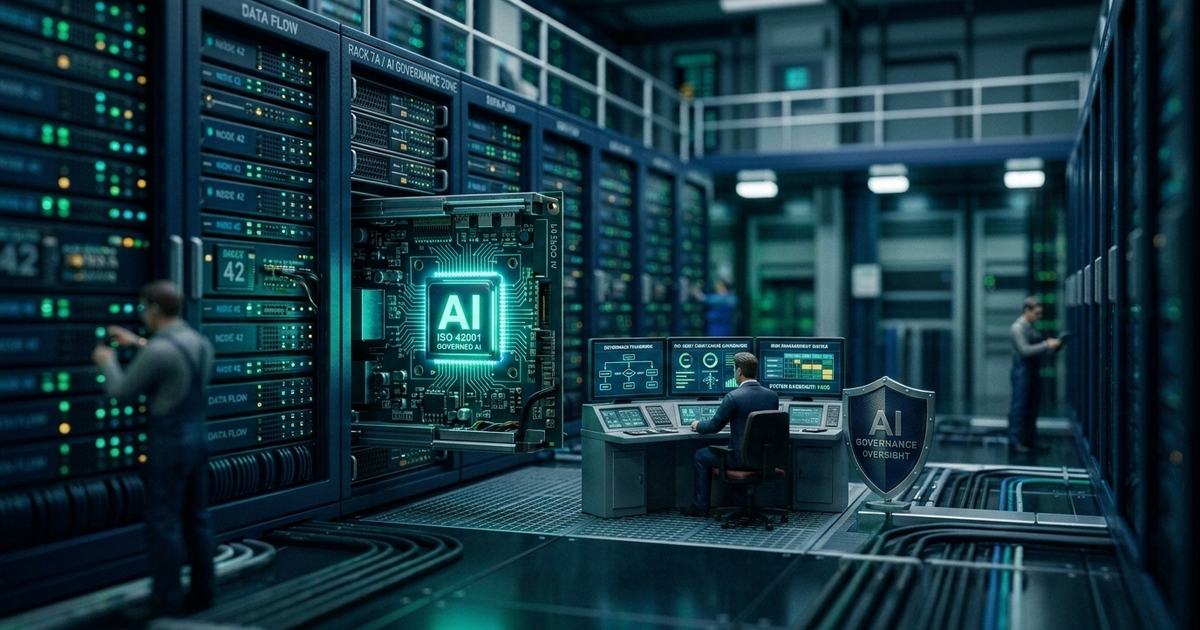 Tilt-shift miniature of a human operator working alongside an AI microchip, illustrating governing AI use rather than the tool
