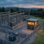 Tilt-shift miniature of an electricity substation at dusk, with the cable running to the adjacent building visibly cut