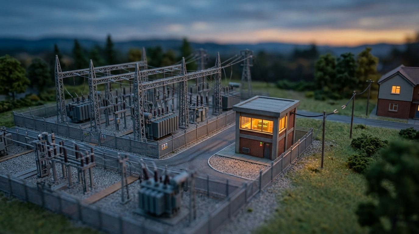 Tilt-shift miniature of an electricity substation at dusk, with the cable running to the adjacent building visibly cut