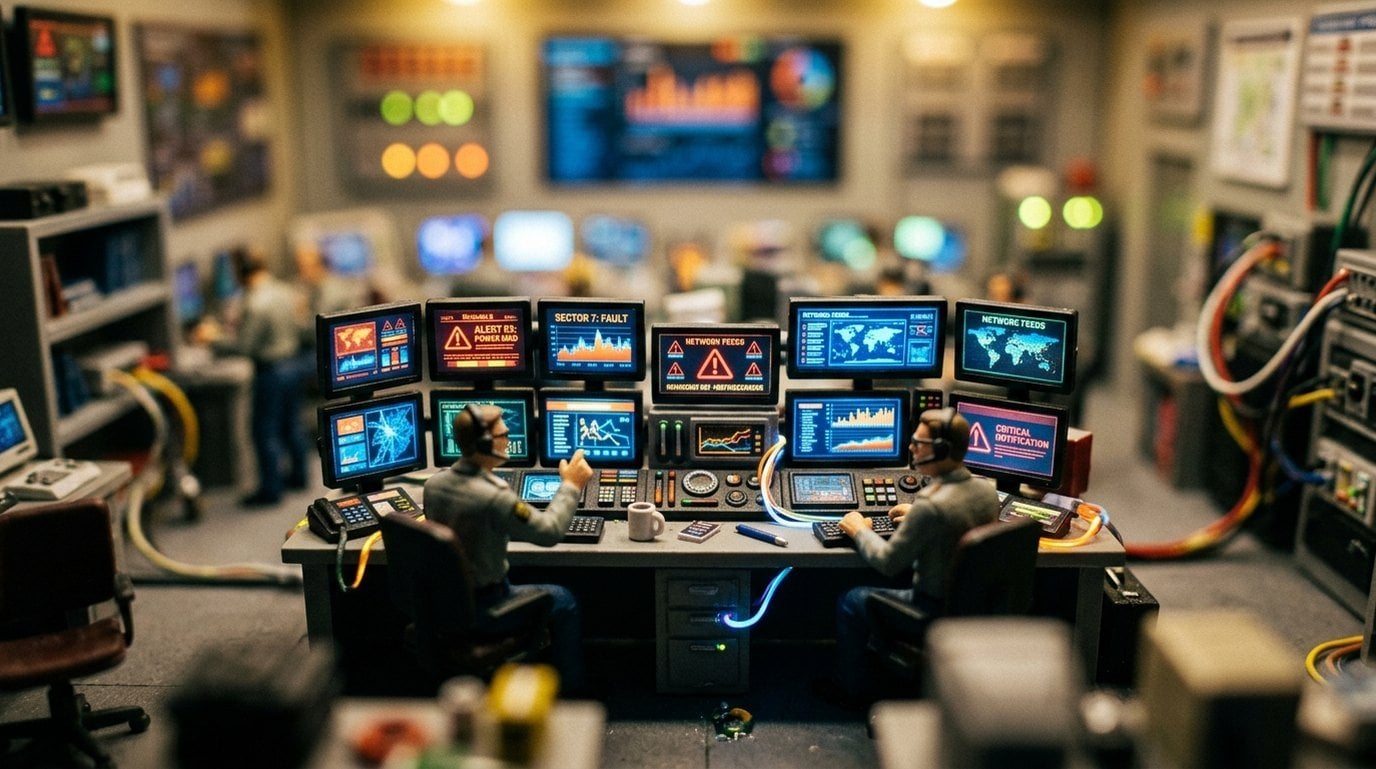 Security operations desk with data monitoring screens, representing information-security controls over client identity records
